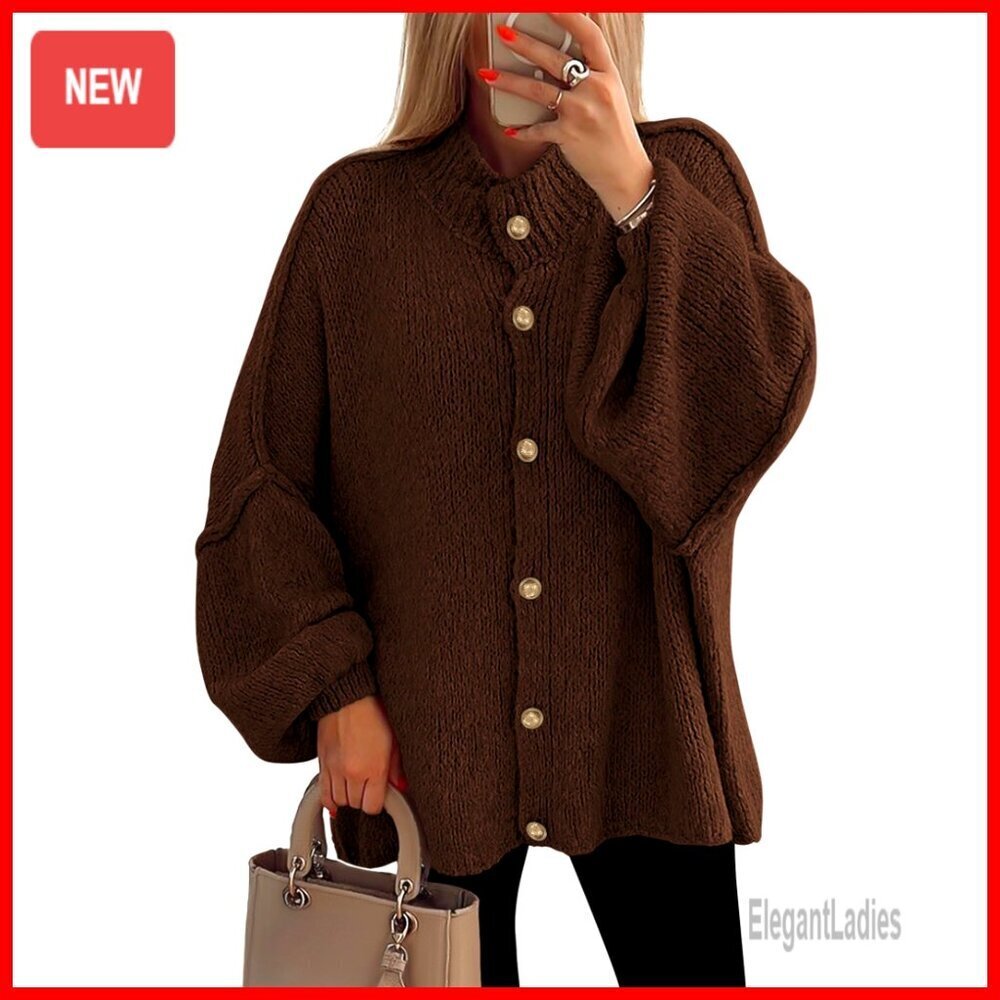 Chunky Knit Cardigan Sweater, Mock Neck, Lantern Sleeves, Winter Outerwear
